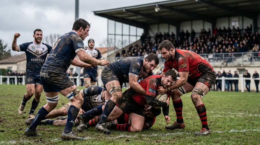 revel s'incline face aux solides verfeillois malgré une infériorité numérique sur le terrain lors d'un match intense de rugby.