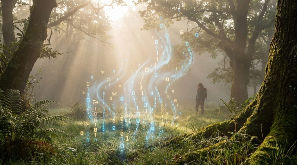 explorez comment nos données numériques semblent s'évaporer dans la nature, illustrant l'illusion d'un contrôle sur leur confidentialité et leur sécurité.