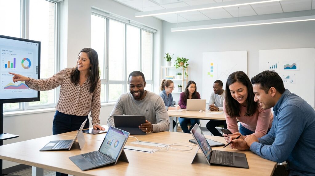 sept personnes explorent les bases du numérique lors d'une initiation captivante aux outils digitaux, ouvrant la voie à de nouvelles compétences technologiques.