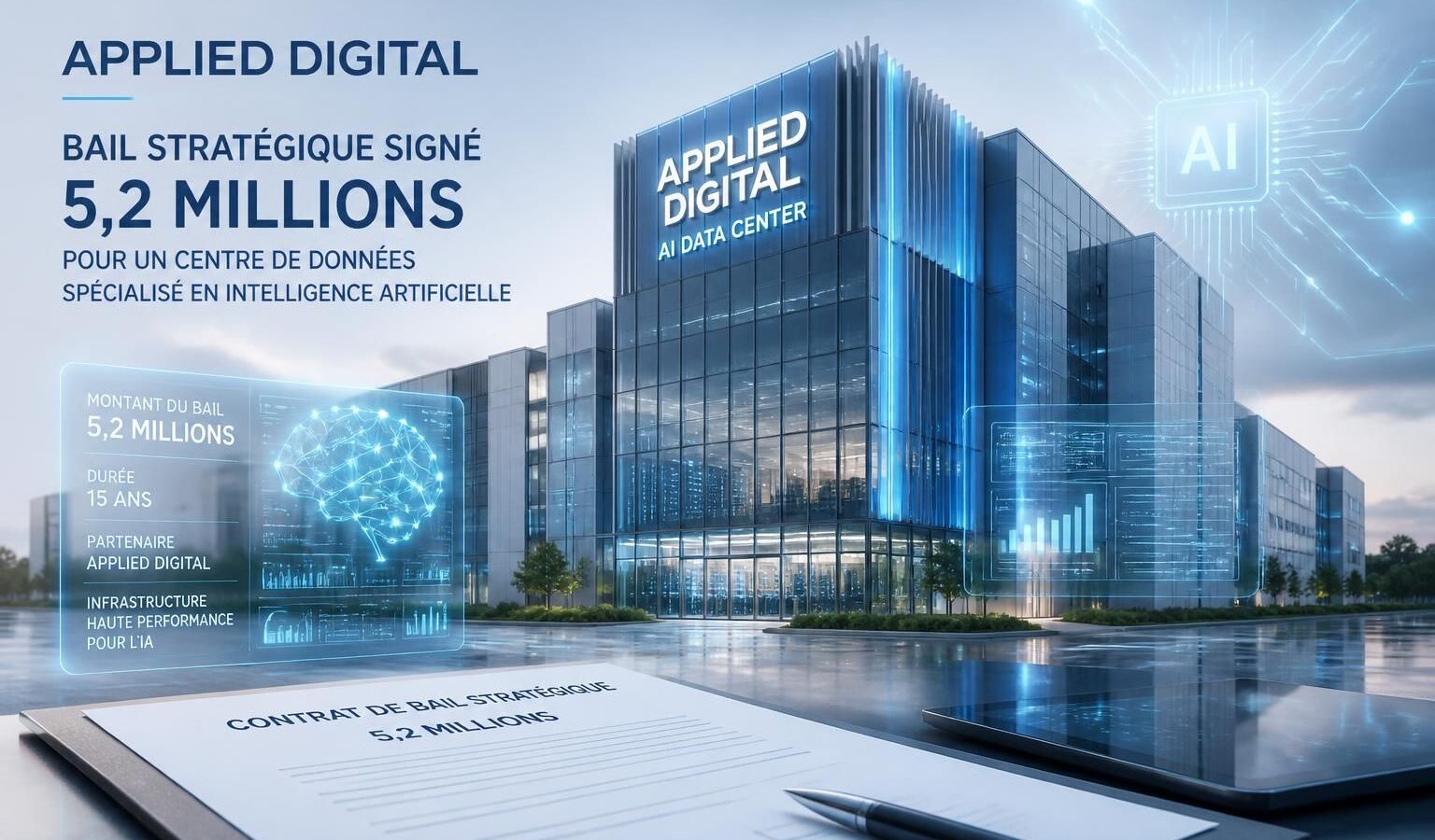 applied digital signe un bail stratégique de 5,2 millions d'euros pour développer un centre de données dédié à l'intelligence artificielle, renforçant son positionnement dans le secteur technologique.