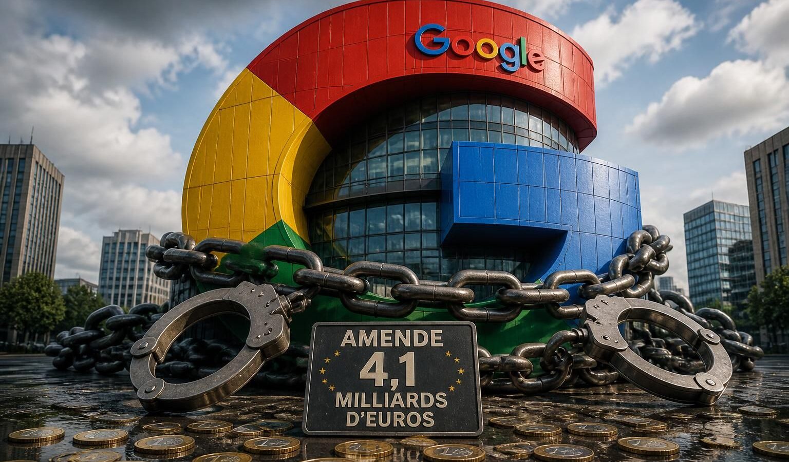 google condamné à une amende record de 4,1 milliards d'euros pour abus de position dominante sur android, suscitant un débat intense sur le monopole technologique.