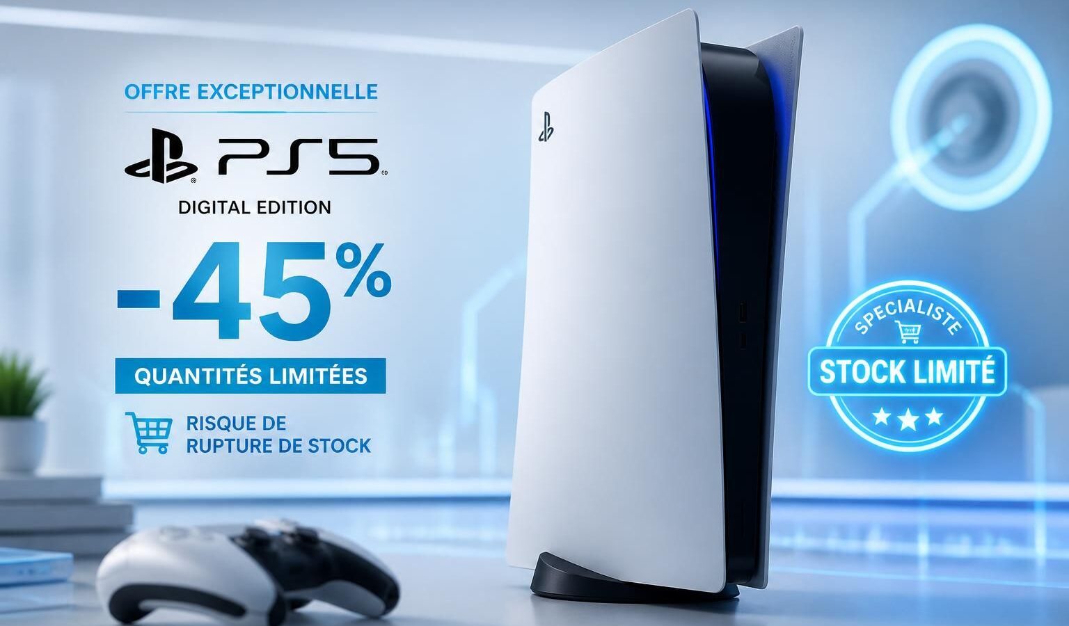 profitez de la ps5 digital à -45 % ce samedi 11 juillet ! une offre exceptionnelle chez ce spécialiste, à ne pas manquer, qui pourrait entraîner une rupture de stock rapide.