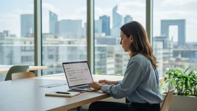Consultante indépendante consultant des offres de missions à Paris sur son ordinateur portable, avec vue sur les tours de La Défense