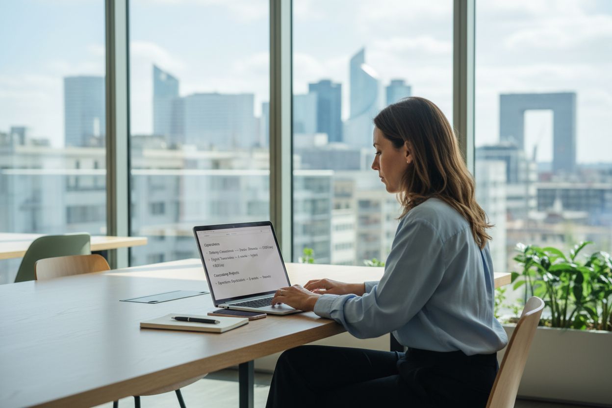 Consultante indépendante consultant des offres de missions à Paris sur son ordinateur portable, avec vue sur les tours de La Défense