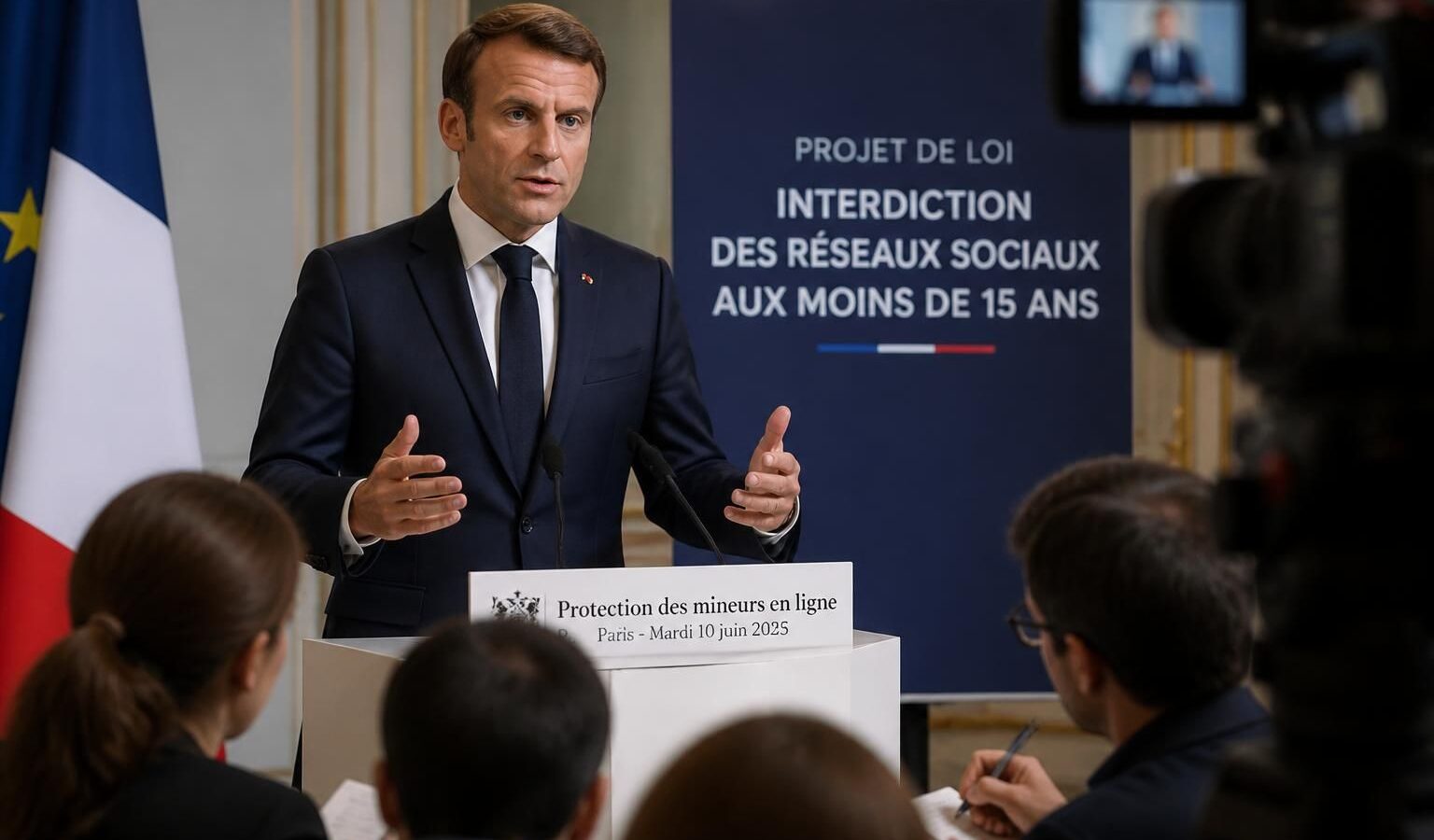 emmanuel macron annonce une nouvelle loi pour interdire l'accès aux réseaux sociaux aux moins de 15 ans, visant à protéger les jeunes utilisateurs.
