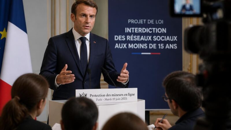 emmanuel macron annonce une nouvelle loi pour interdire l'accès aux réseaux sociaux aux moins de 15 ans, visant à protéger les jeunes utilisateurs.