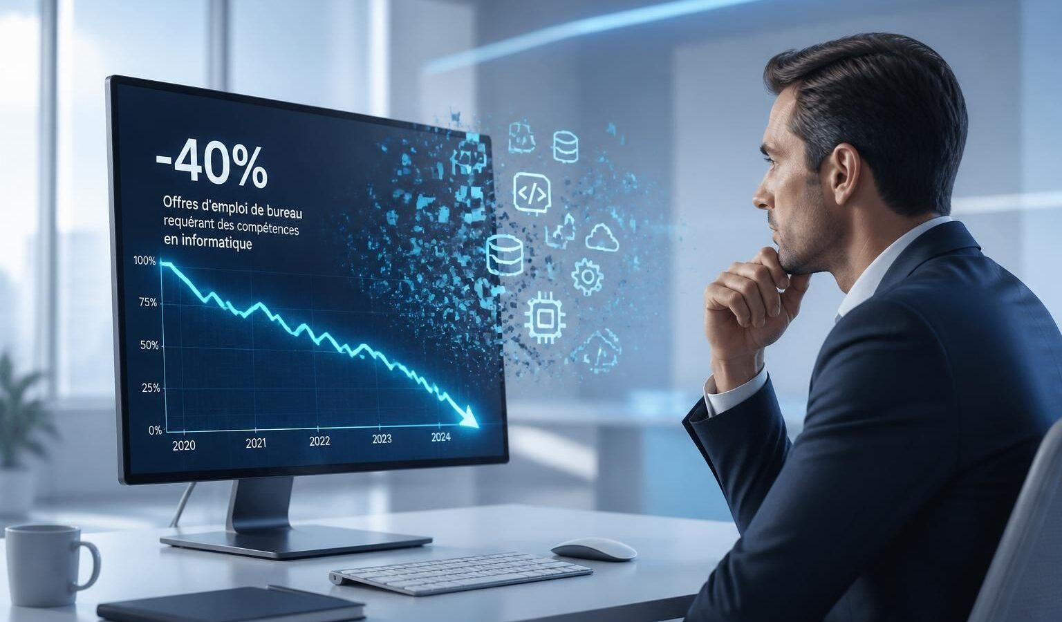 découvrez la baisse de 40 % des offres d'emploi de bureau requérant des compétences en informatique et analysez les tendances actuelles du marché du travail.