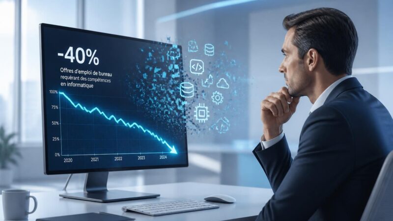 découvrez la baisse de 40 % des offres d'emploi de bureau requérant des compétences en informatique et analysez les tendances actuelles du marché du travail.