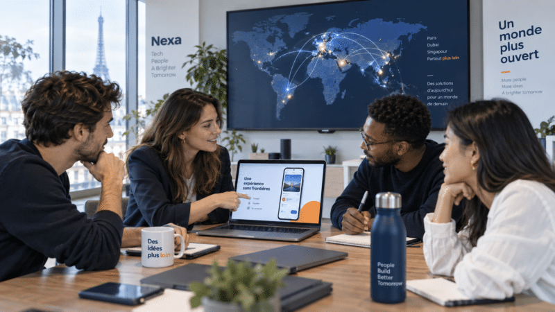 Équipe d'agence digitale en réunion devant une carte du monde connectée, préparation d'un lancement international
