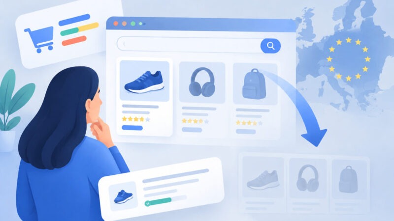 Smartphone affichant des fiches produits gratuites Google reléguées sous les annonces en Europe