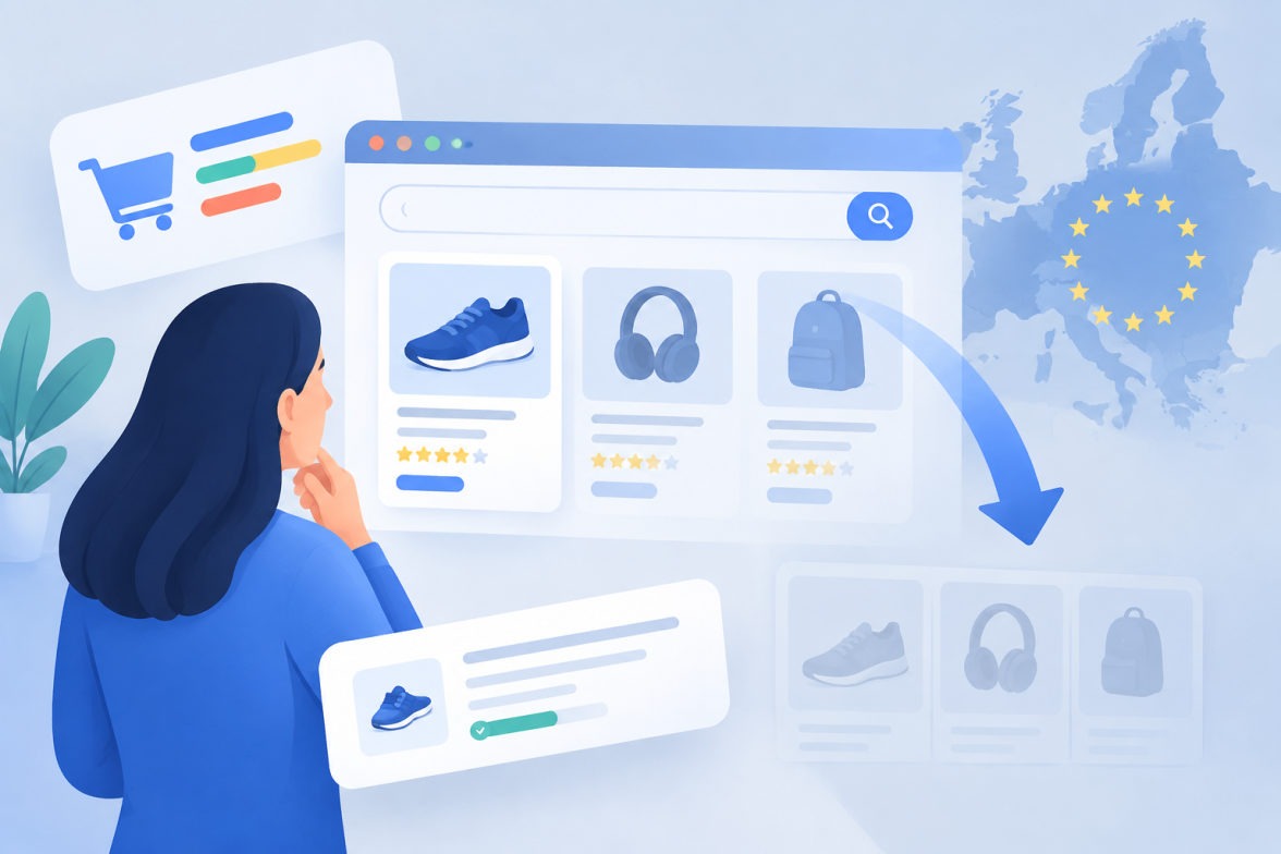 Smartphone affichant des fiches produits gratuites Google reléguées sous les annonces en Europe