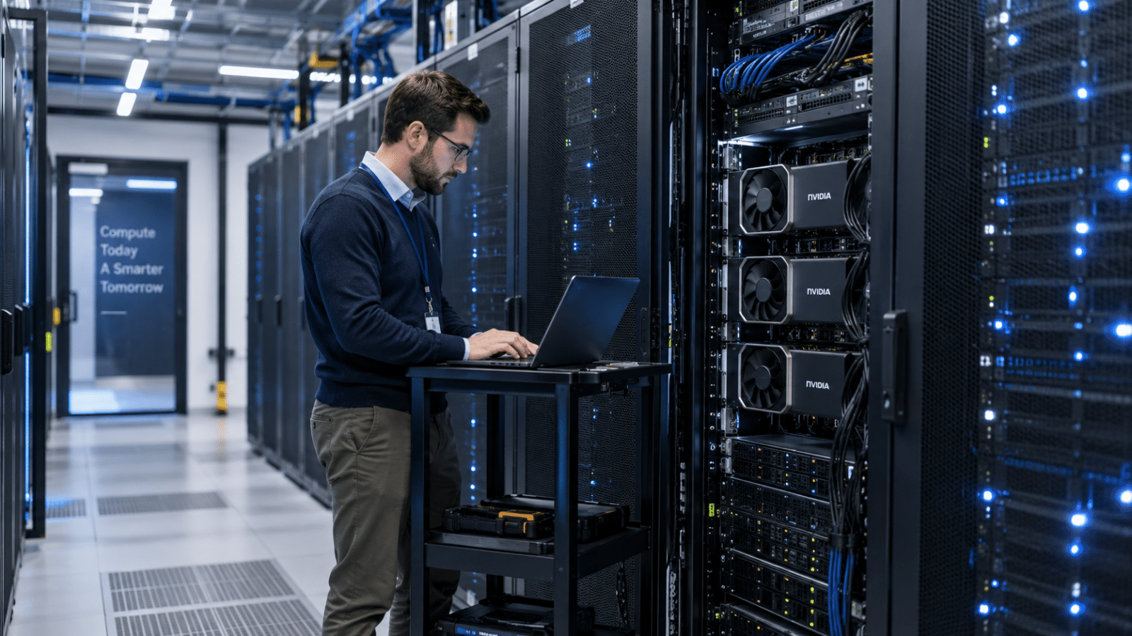 Salle serveur d'entreprise avec baies de calcul éclairées, infrastructure IT adaptée aux charges de l'IA générative