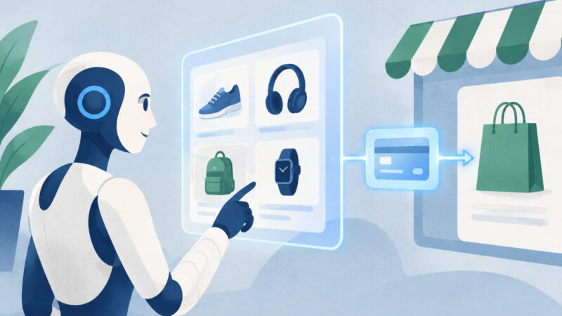 Caisse d'une boutique Shopify, achats agents IA réalisés par un assistant virtuel
