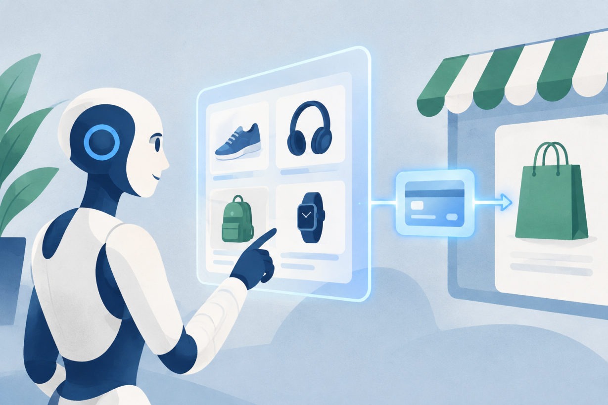 Caisse d'une boutique Shopify, achats agents IA réalisés par un assistant virtuel