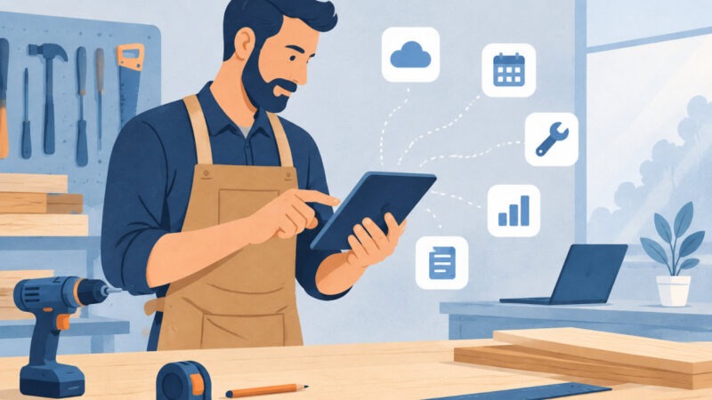 Menuisier consultant sa tablette dans son atelier, symbole de la digitalisation artisan outils gratuits