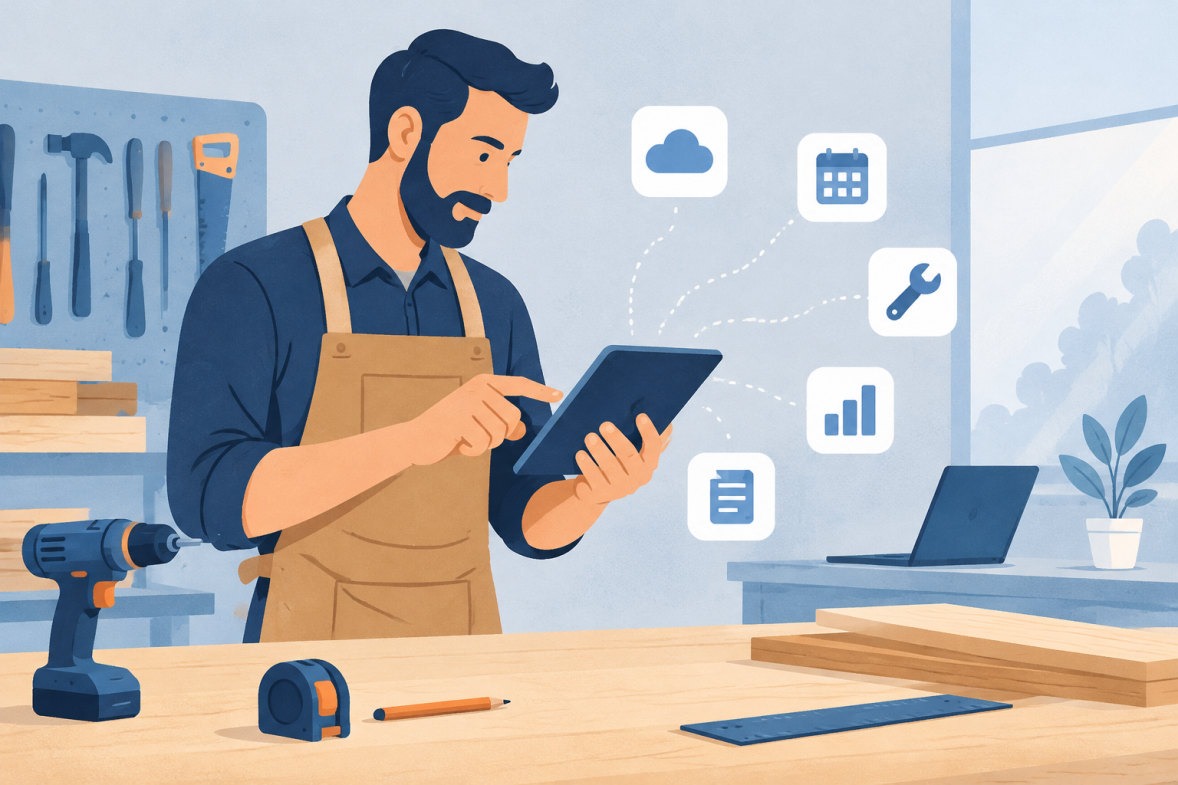 Menuisier consultant sa tablette dans son atelier, symbole de la digitalisation artisan outils gratuits