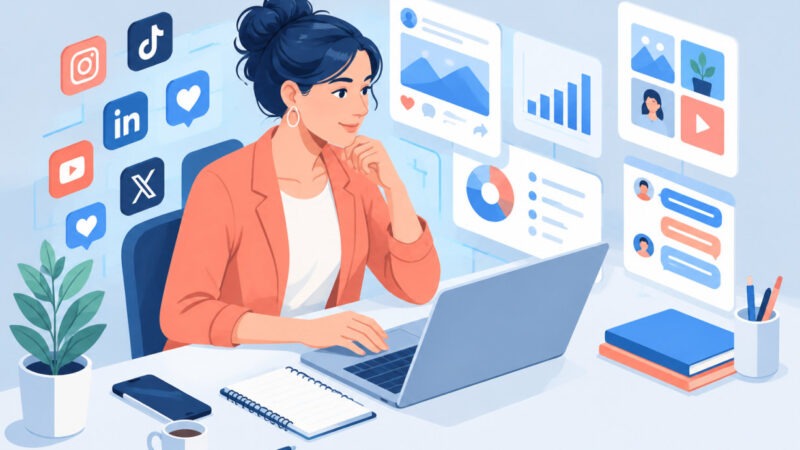 Community manager 2026 gérant les réseaux sociaux d'une marque depuis son ordinateur portable