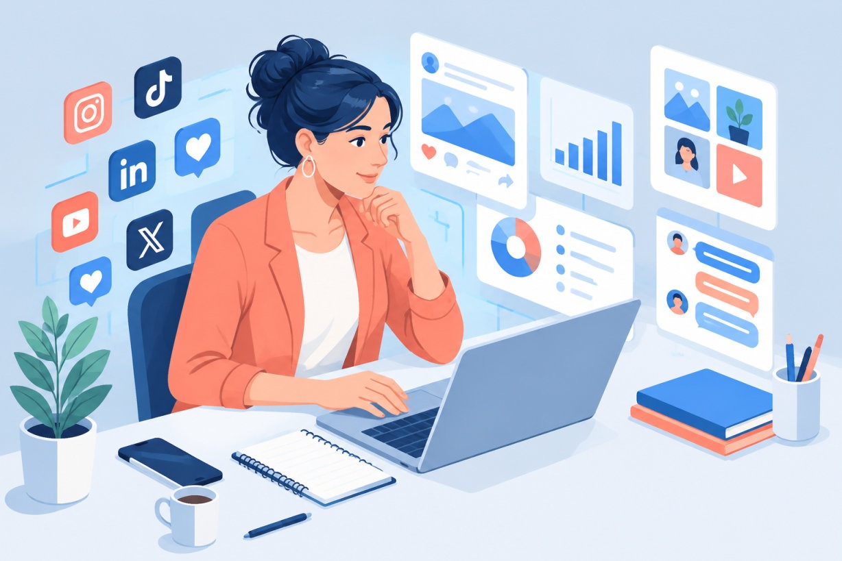 Community manager 2026 gérant les réseaux sociaux d'une marque depuis son ordinateur portable