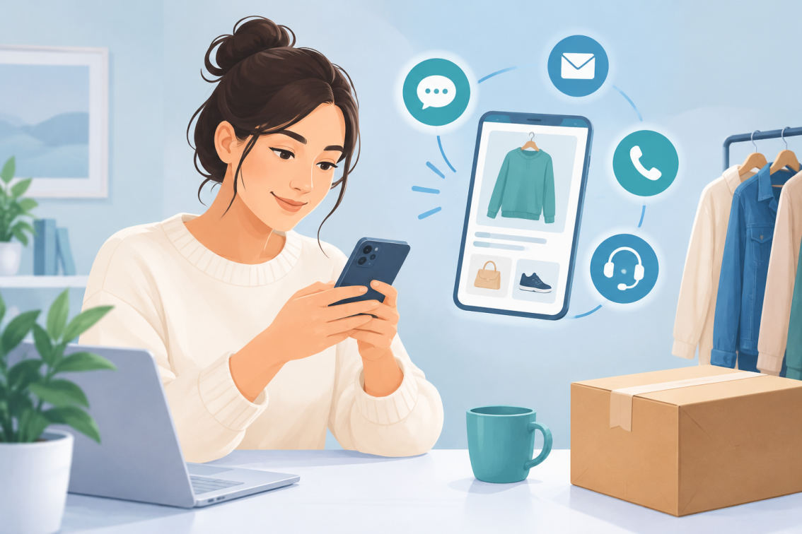 Main tenant un smartphone ouvert sur le centre d'aide pour contacter Vinted