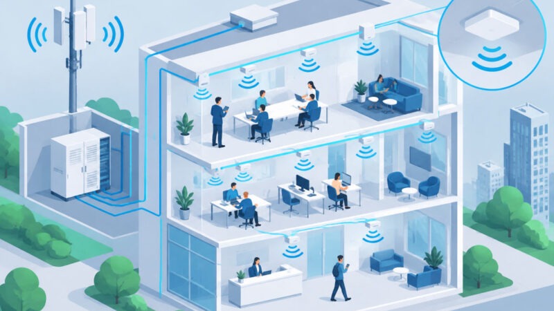 Antennes d'un distributed antenna system installées au plafond d'un bâtiment moderne