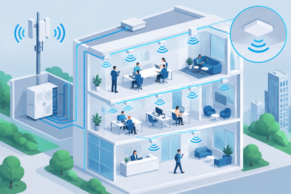 Antennes d'un distributed antenna system installées au plafond d'un bâtiment moderne