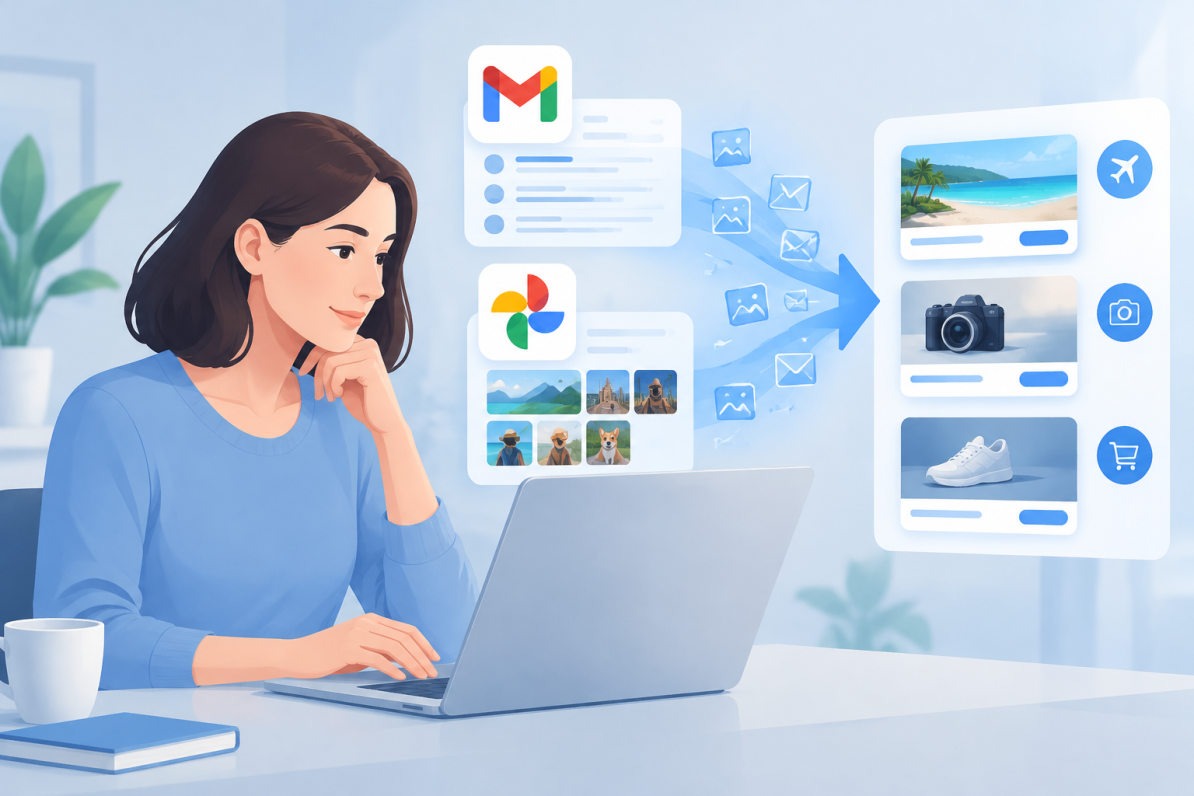 Icônes Gmail et Google Photos illustrant la publicité Google basée sur les données Gmail