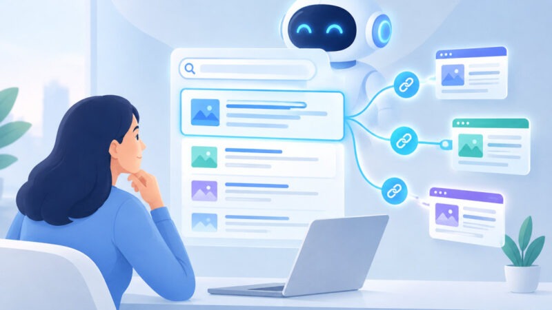 Liens Google, réponses IA et sources de sites web affichées sur un écran d'ordinateur