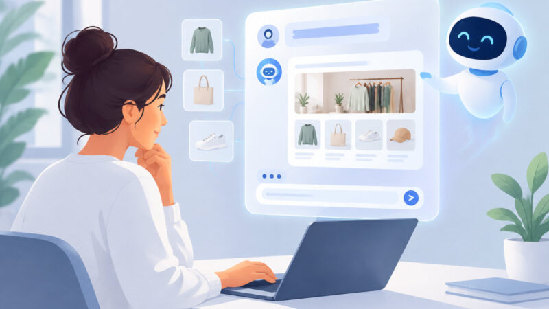 Interface Shopify Canvas où un commerçant crée sa boutique en dialoguant avec une IA
