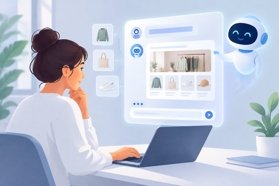 Interface Shopify Canvas où un commerçant crée sa boutique en dialoguant avec une IA