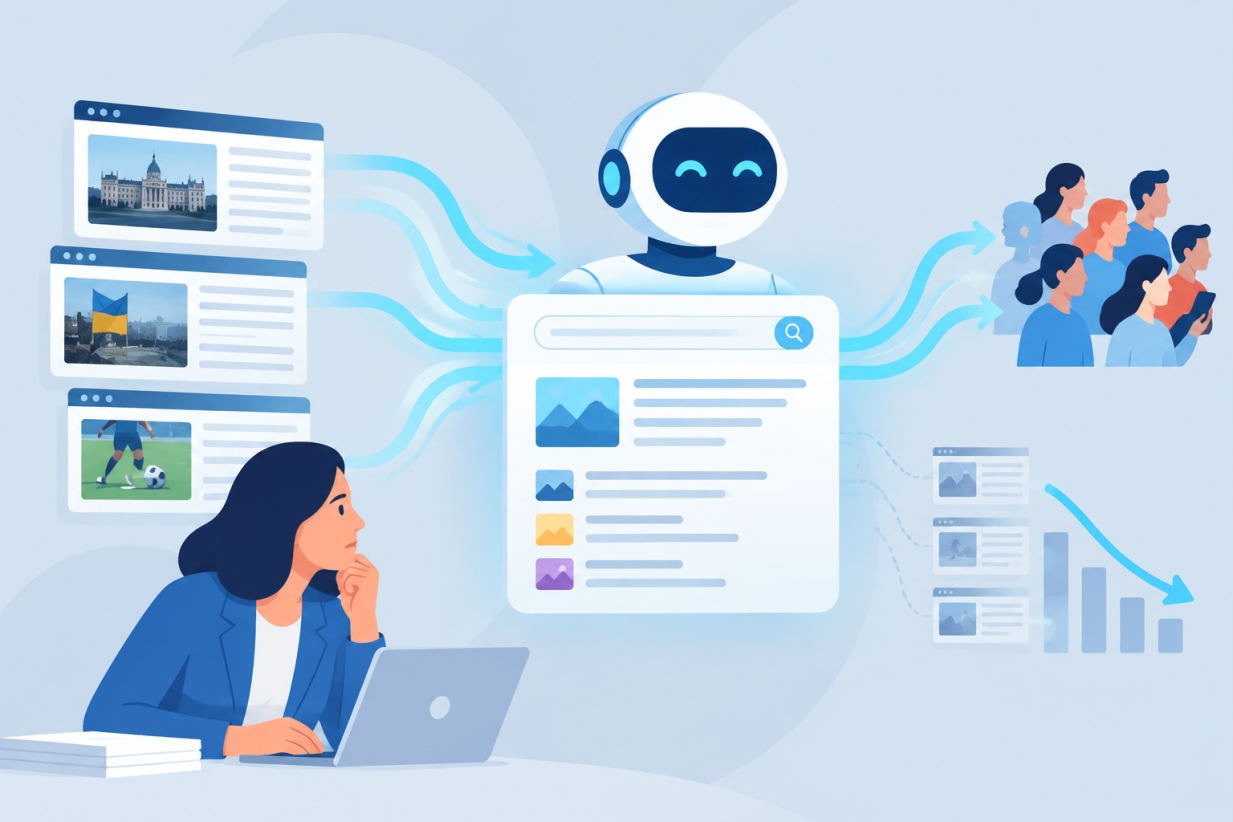 Écran de recherche Google affichant les AI Overviews, trafic médias en forte baisse