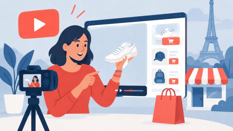 Smartphone affichant une vidéo de créateur avec produits cliquables via YouTube Shopping France