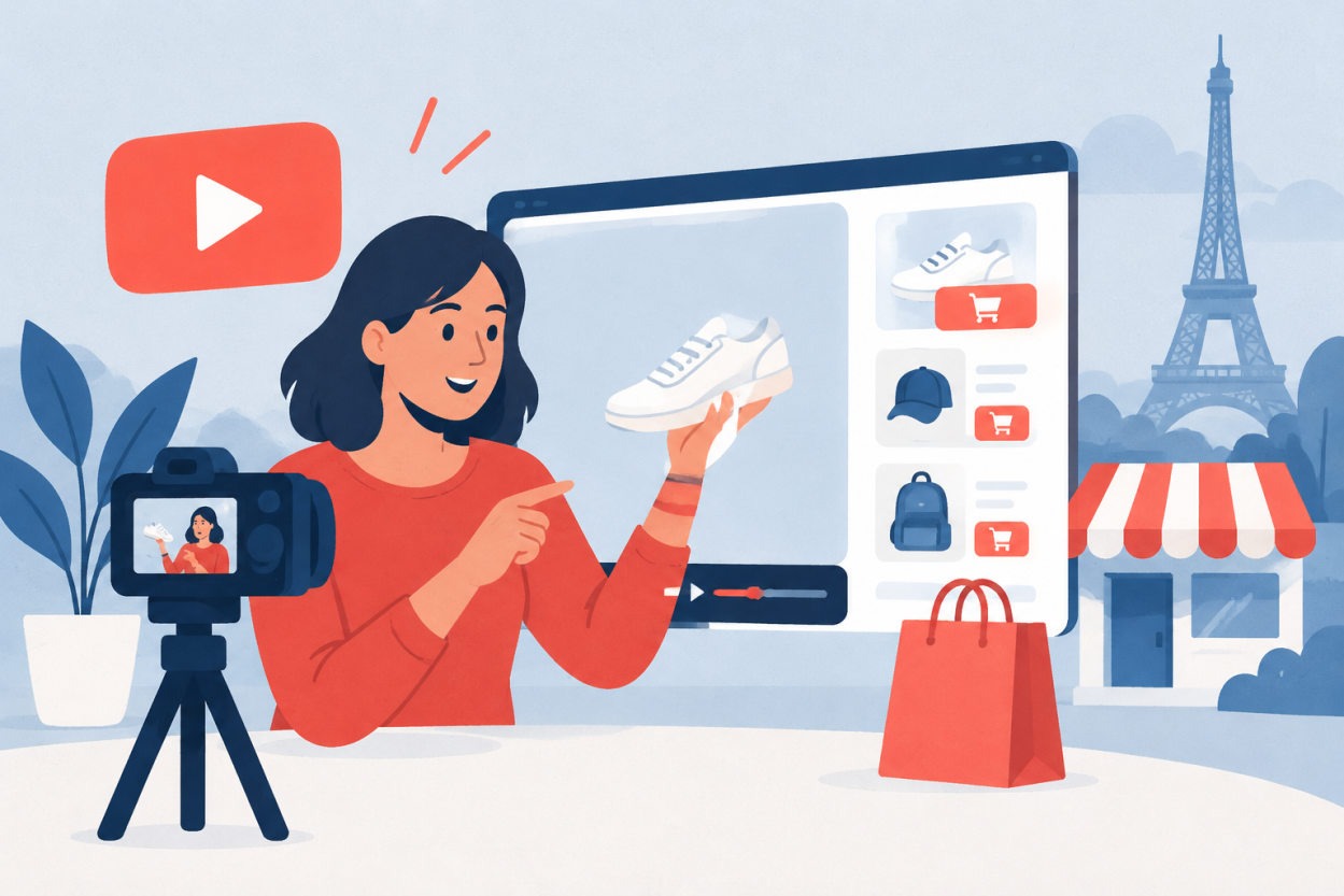 Smartphone affichant une vidéo de créateur avec produits cliquables via YouTube Shopping France